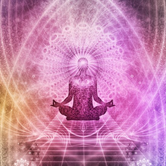 Psychedelic pink & purple image showing someone practicing yoga and mindfulness.