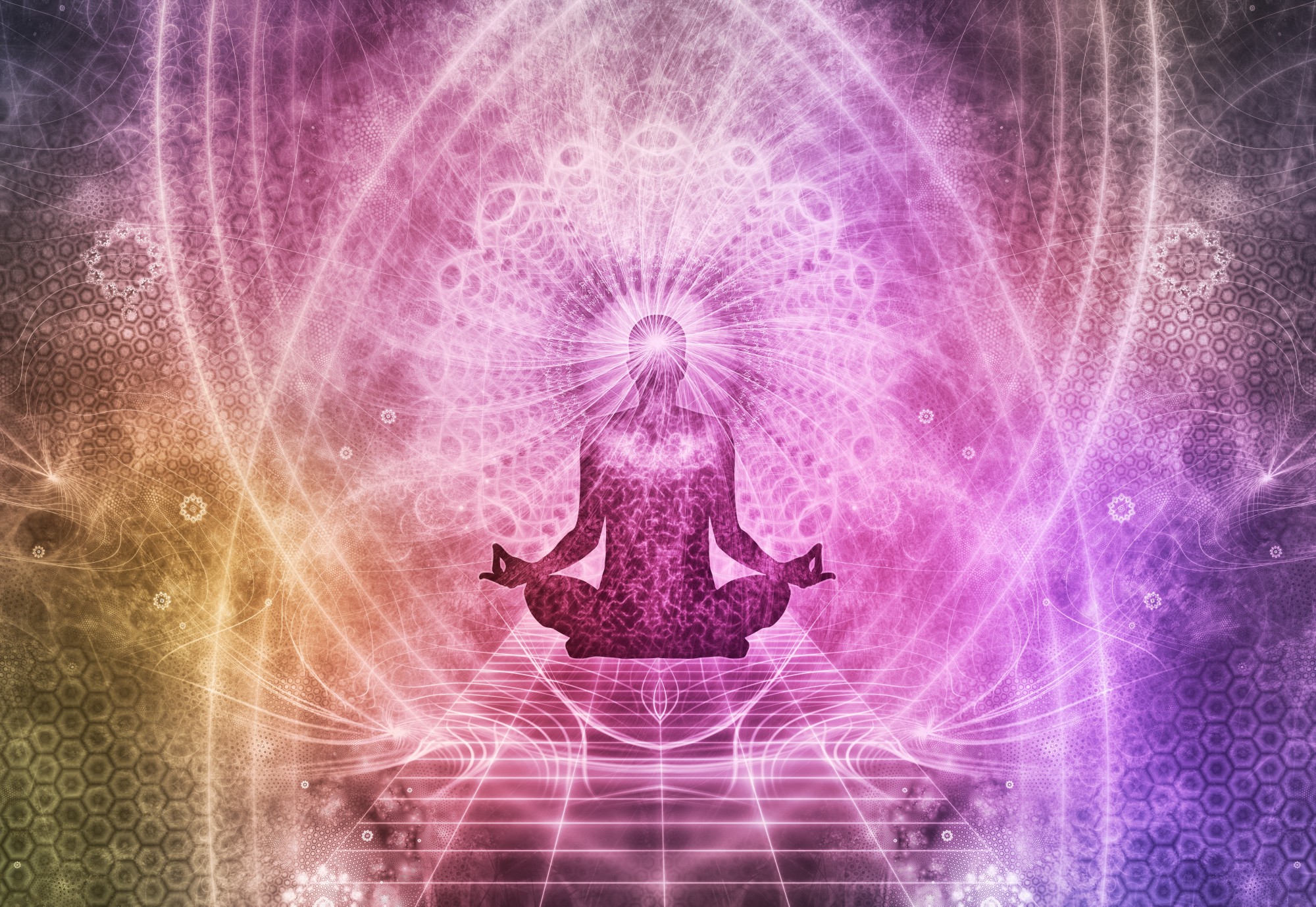 Psychedelic pink & purple image showing someone practicing yoga and mindfulness.