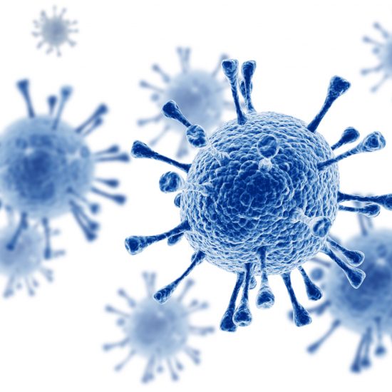 Image of blue viruses on white background. Signifies immunosuppressive side effects of drugs during COVID-19.