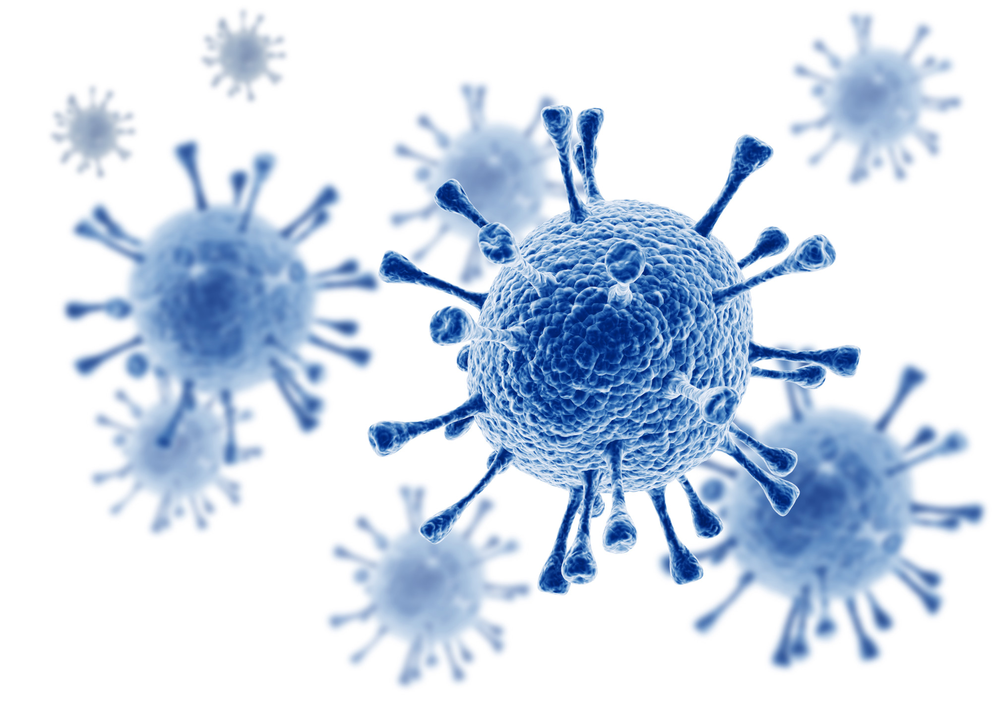 Image of blue viruses on white background. Signifies immunosuppressive side effects of drugs during COVID-19.